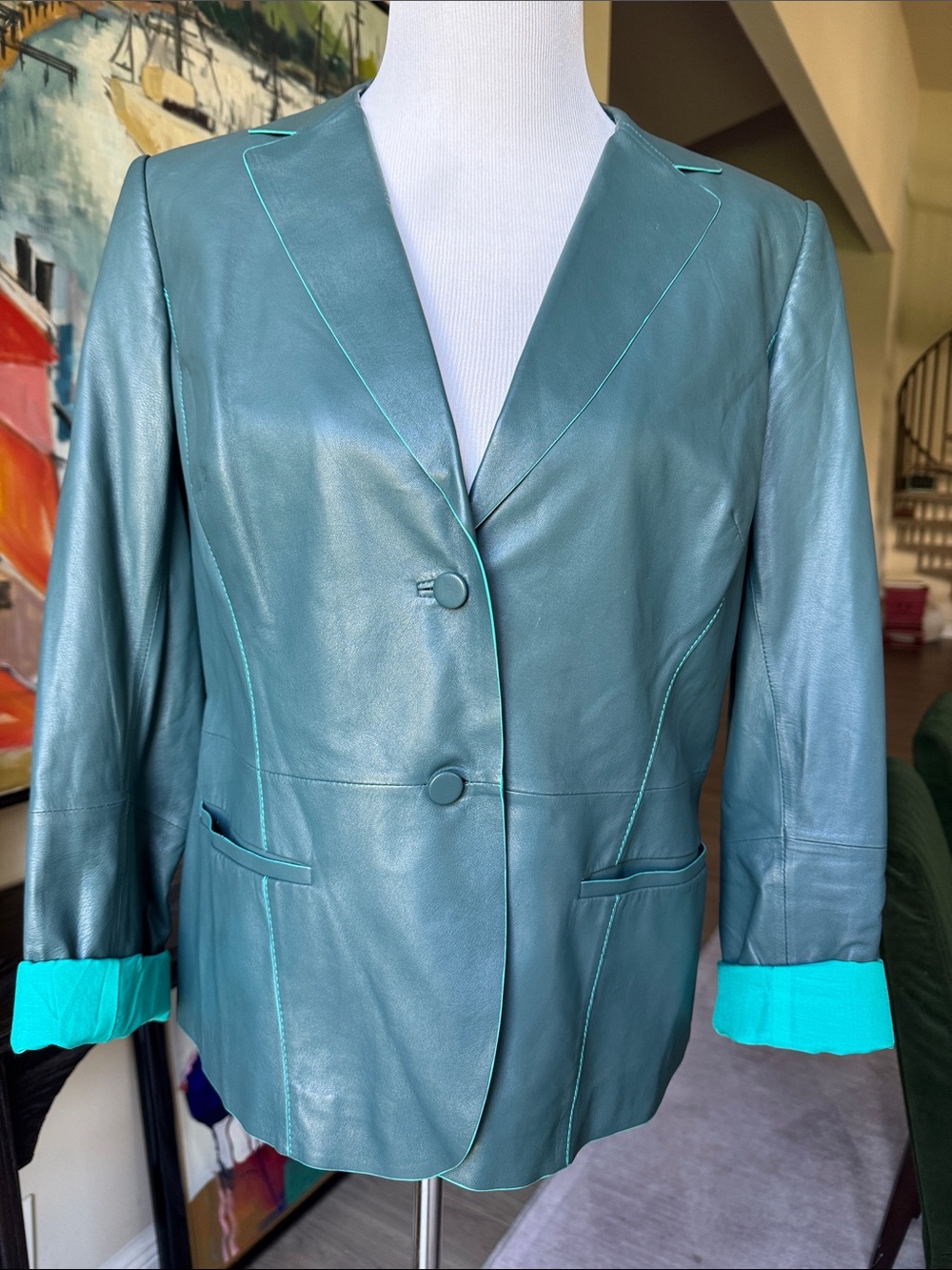 Lafayette 148 New York Teal Leather Blazer